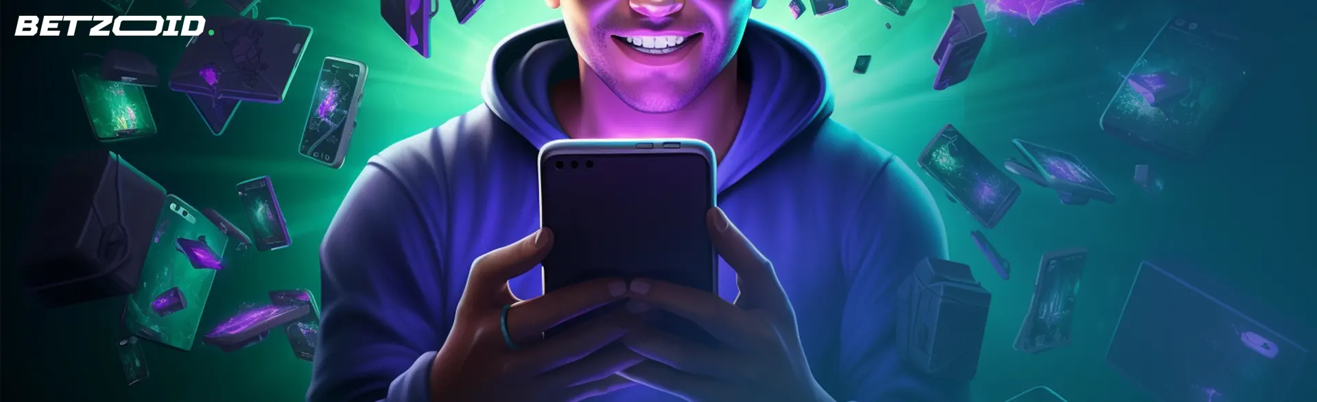 A man gleefully using a smartphone, surrounded by glowing screens representing casinos with mobile deposit.