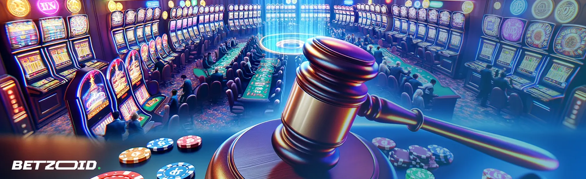 A judicial gavel dominates a casino setting symbolizing legitimate online casinos in Canada.