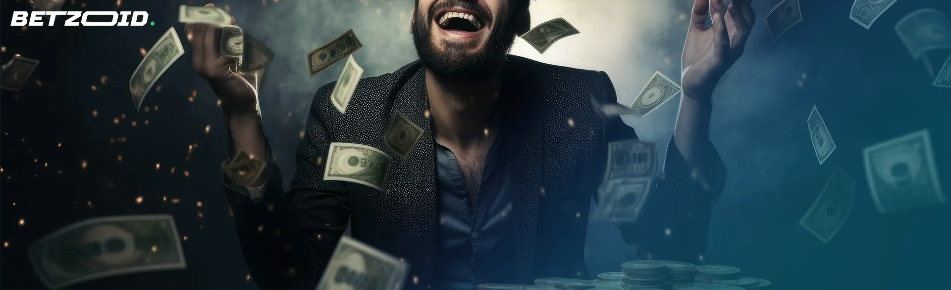 Real money online casinos player surrounded by banknotes.