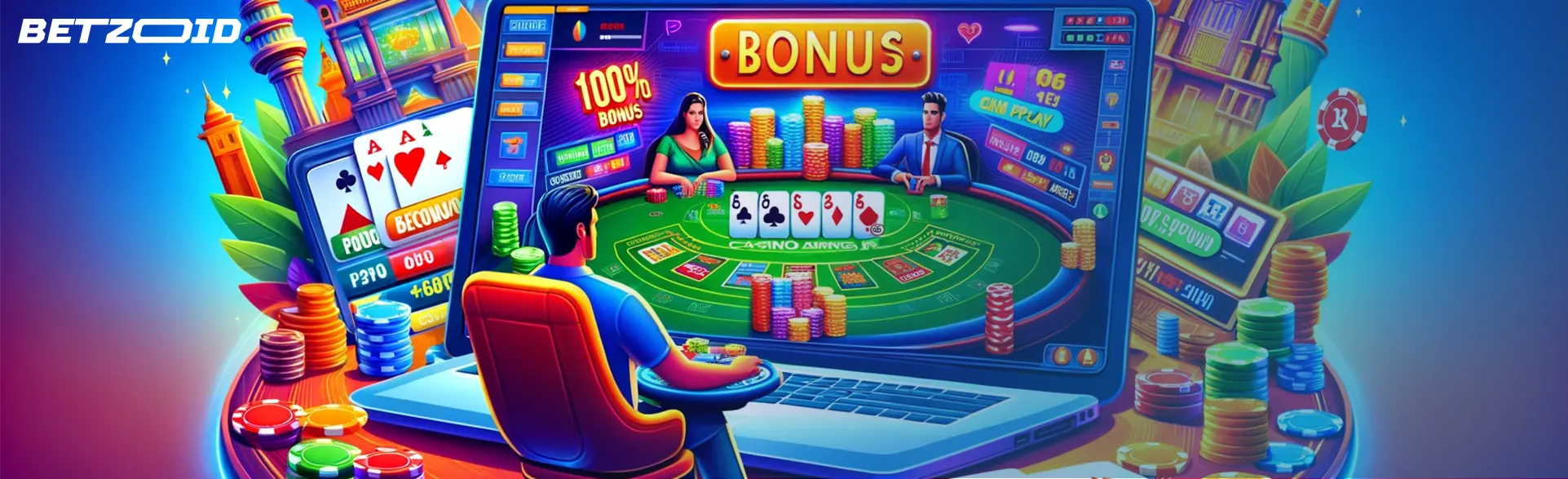 Online casino on laptop with 100% bonus offer.