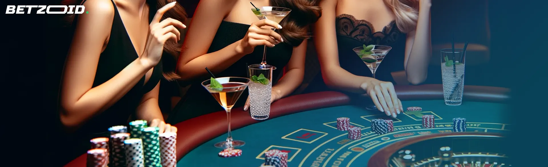Women enjoying drinks and poker at $300 free chip no deposit casinos in Canada.
