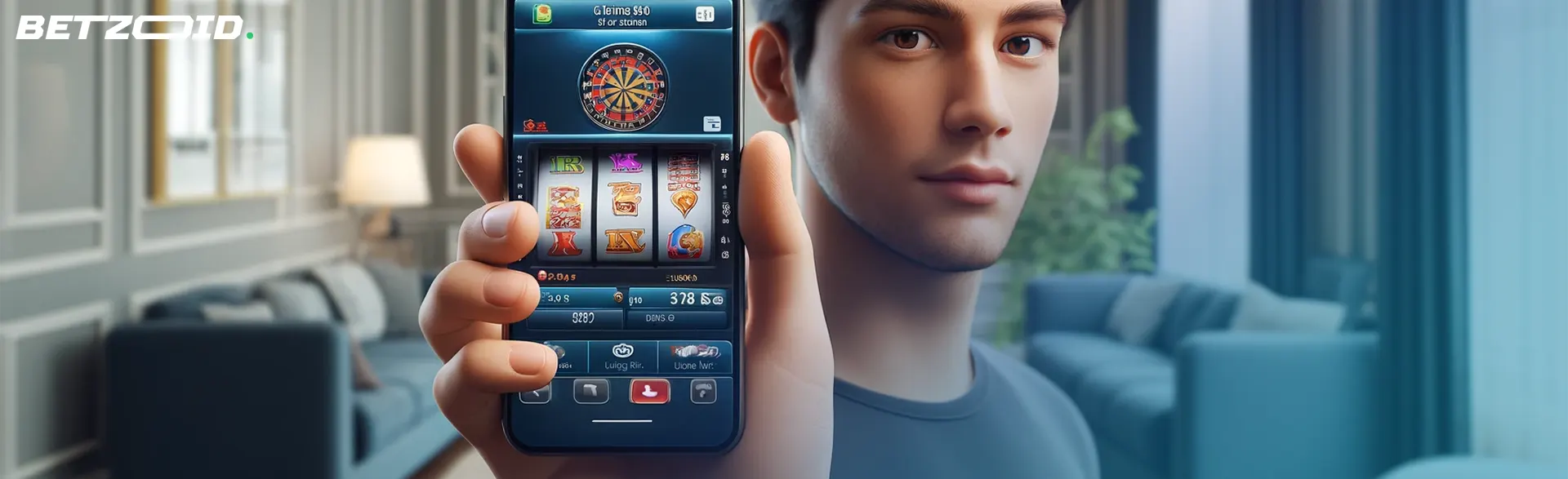 Man holding smartphone with casino slot game showing $300 free chip no deposit casinos.