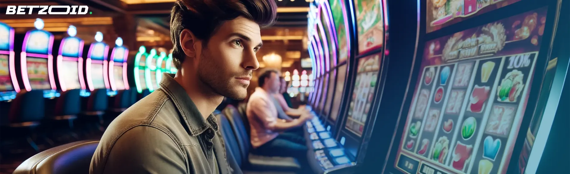 Man playing slot machines at $300 no deposit signup bonus casinos.