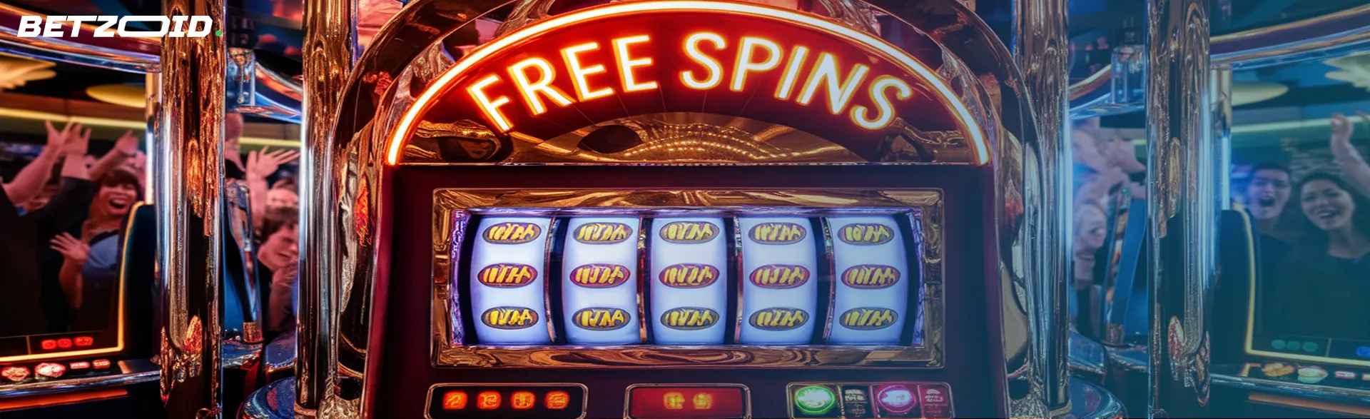A slot machine with free spins sign and cheering crowd, showing that casinos offer 60 free spins no deposit real money.