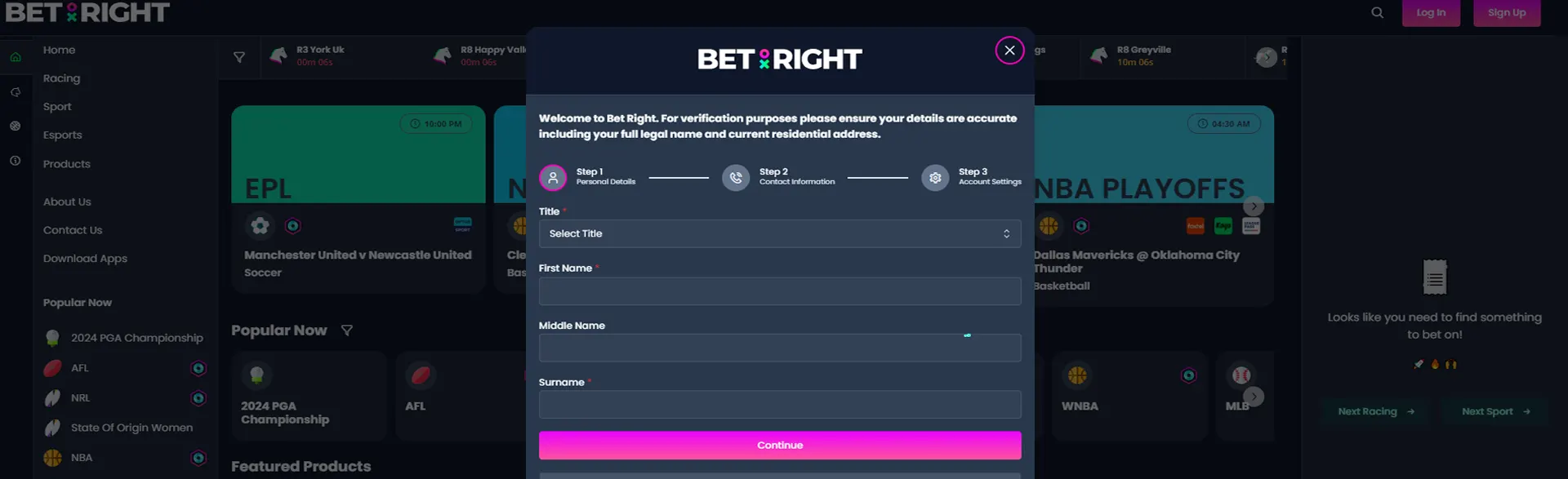 Page with Bet right login form for entering personal details.