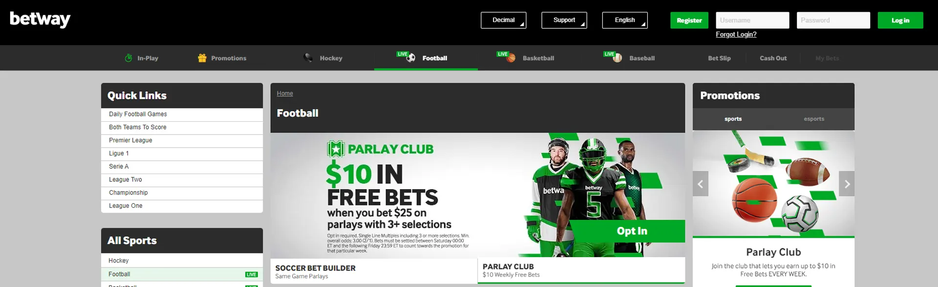The Betway football page promotions and offers for betting.