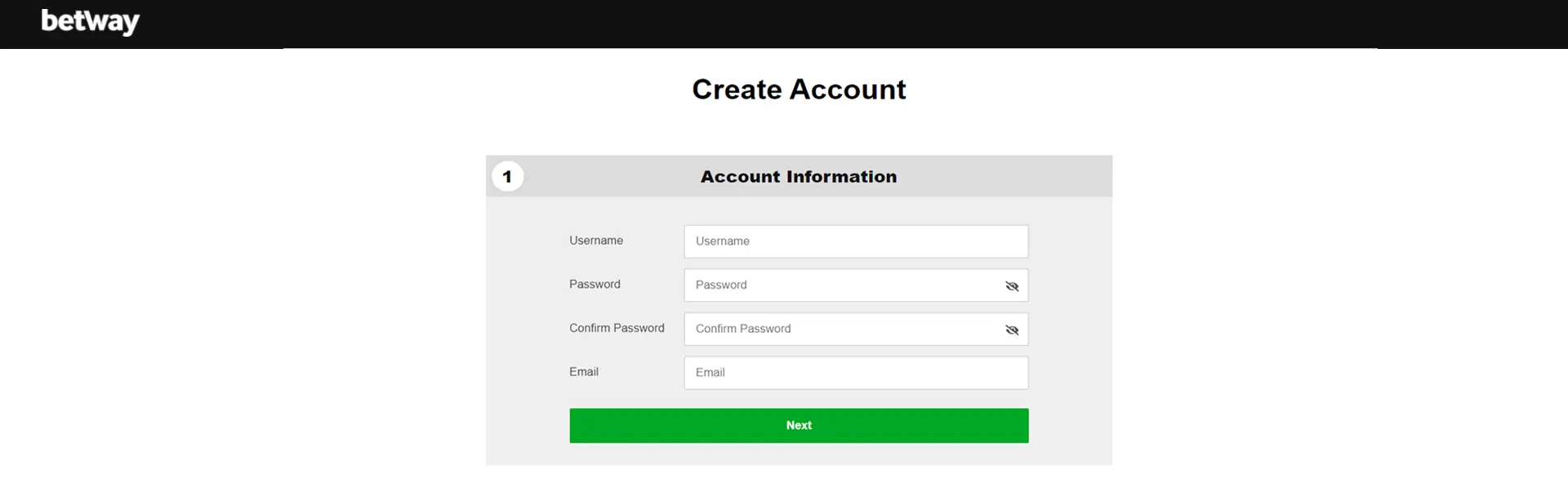 The Betway registration page for creating an account.