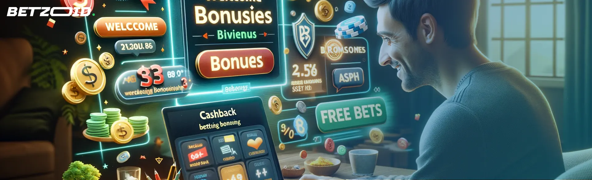 Man exploring bonuses in PayU betting sites, including welcome bonuses, cashback, and free bets.