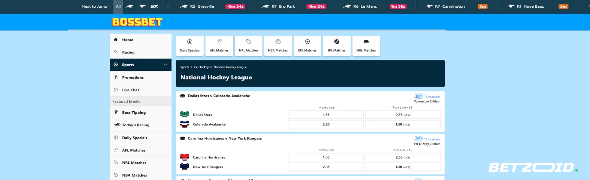 Bossbet sport betting page featuring NHL matches and betting options.