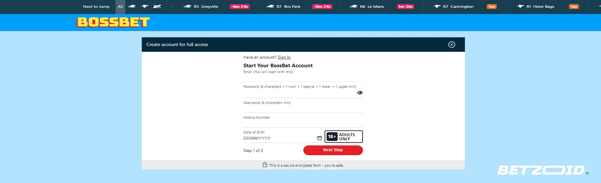 Bossbet sign up page for creating a new account.