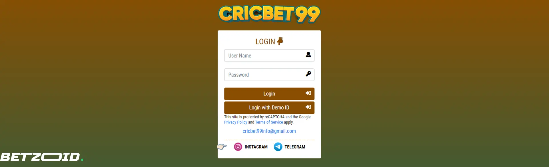 Cricbet99 login interface for betting.