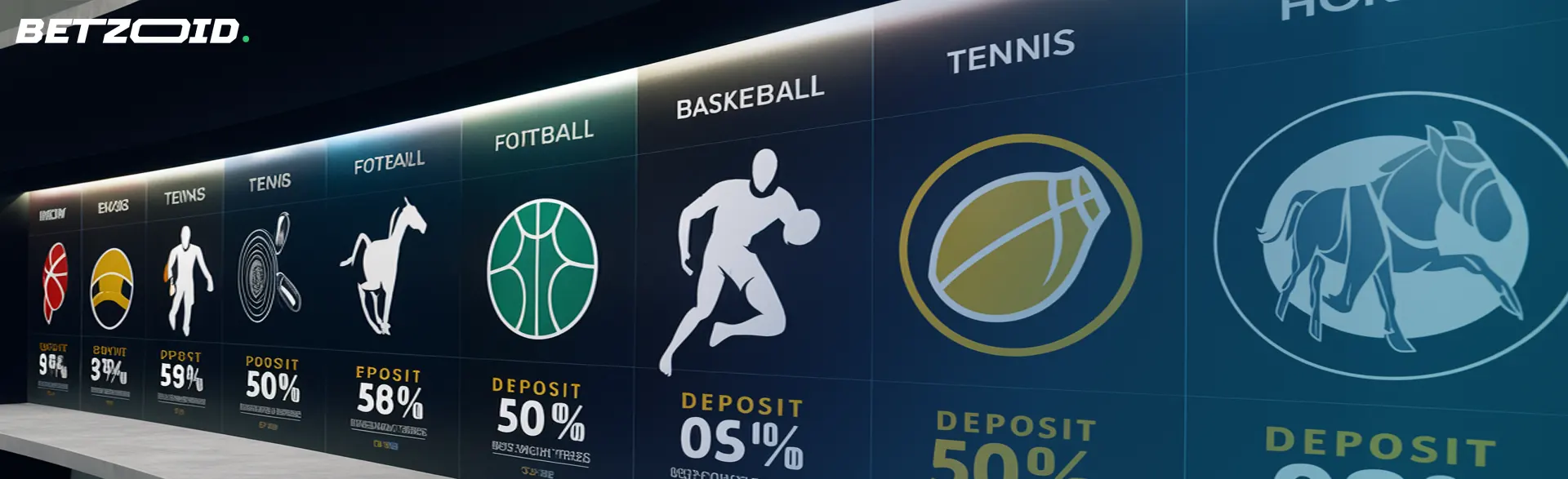 A display of various sports icons with percentages and text underneath, representing different offers available for a deposit match bonus.