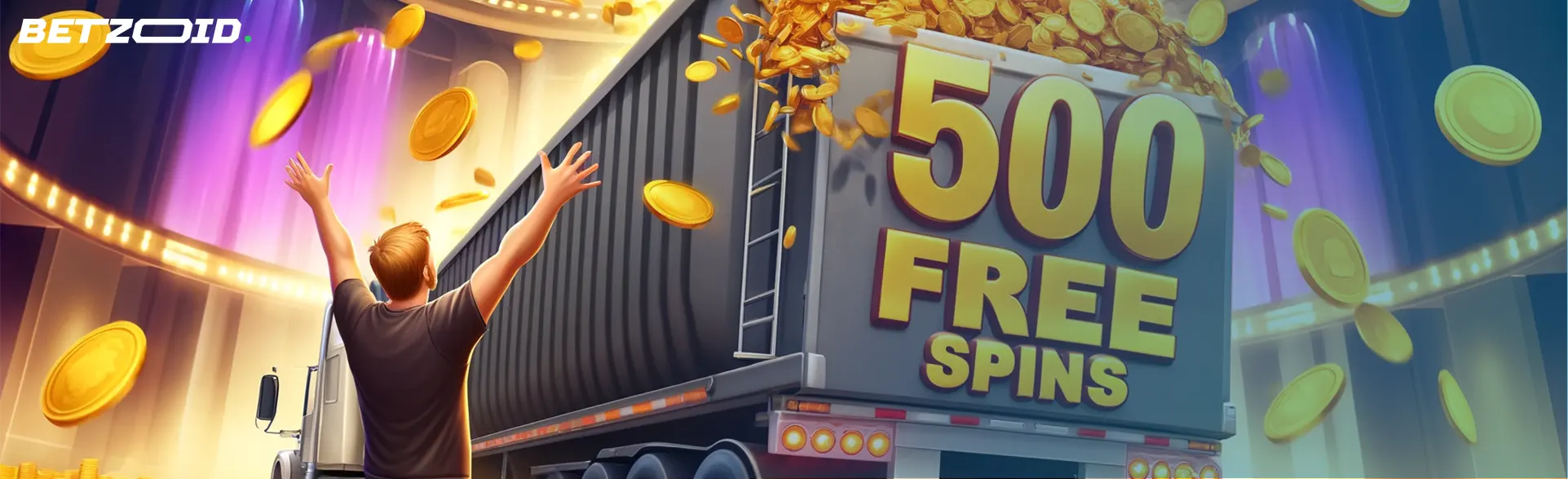 A man celebrating 500 free spins from an online casino.