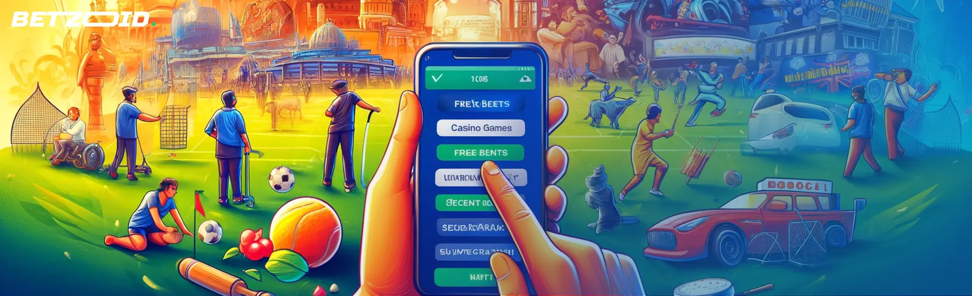 Person using mobile phone with free bets on sports and casino games with an Indian background.