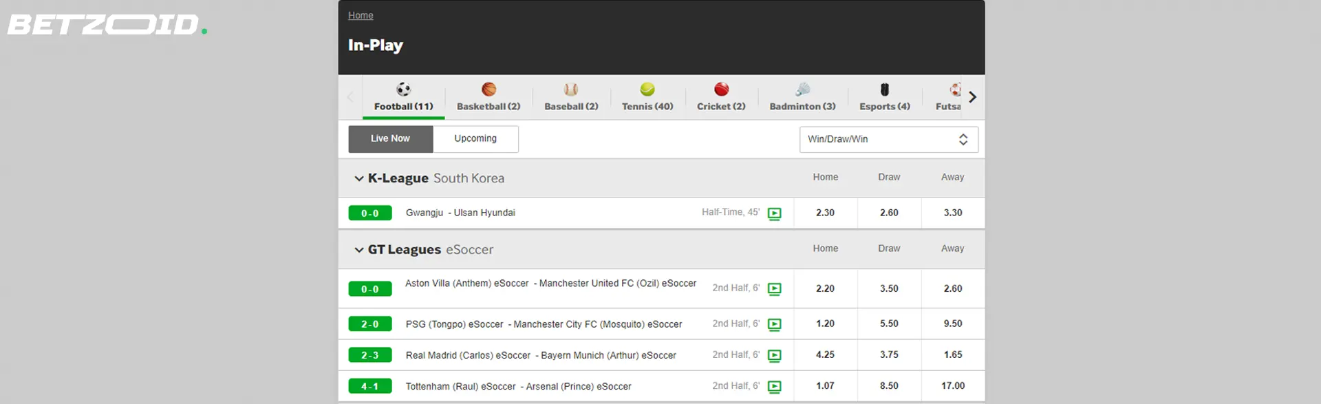 The live betting Betway page with sports events.