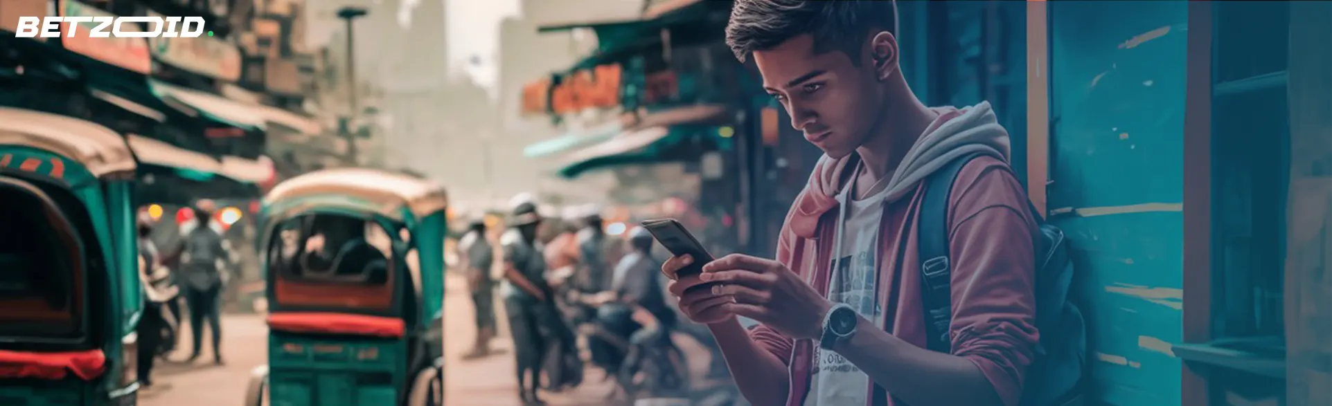 A young man using a live betting app on his phone in a busy Indian street.