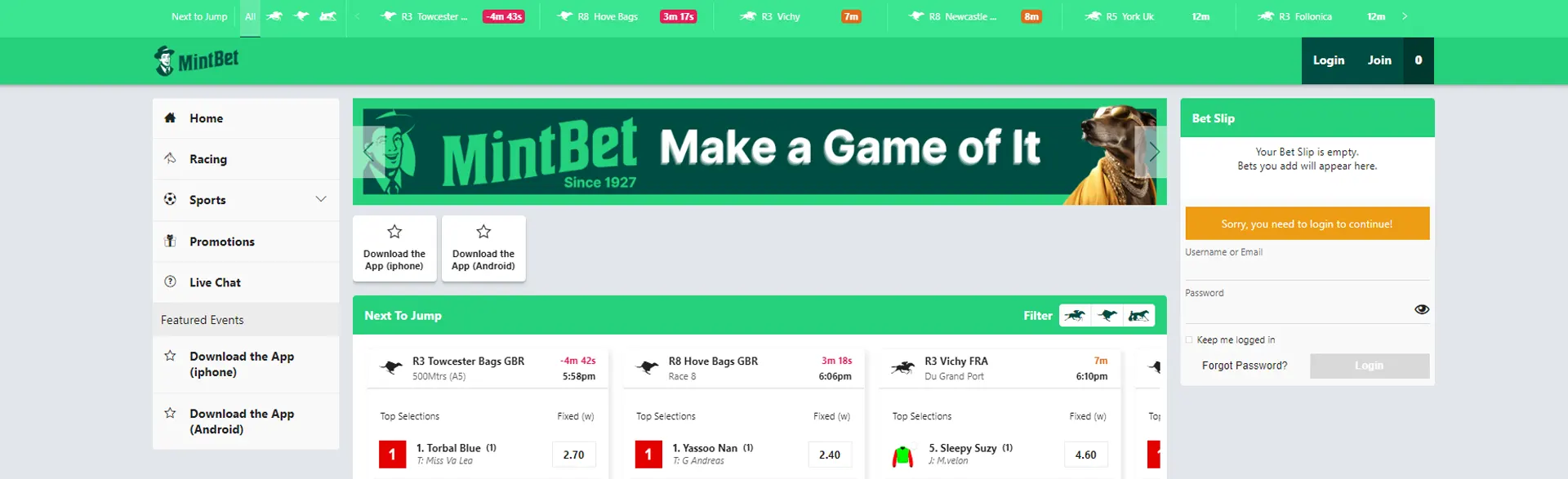 Homepage displaying racing and sports betting options- Mintbet  review.