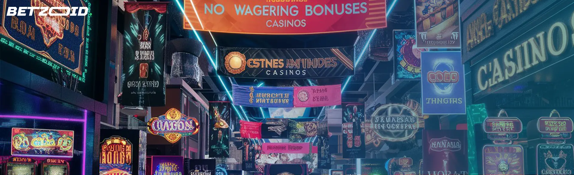 Colorful street filled with banners about new no wagering bonus casinos in India.
