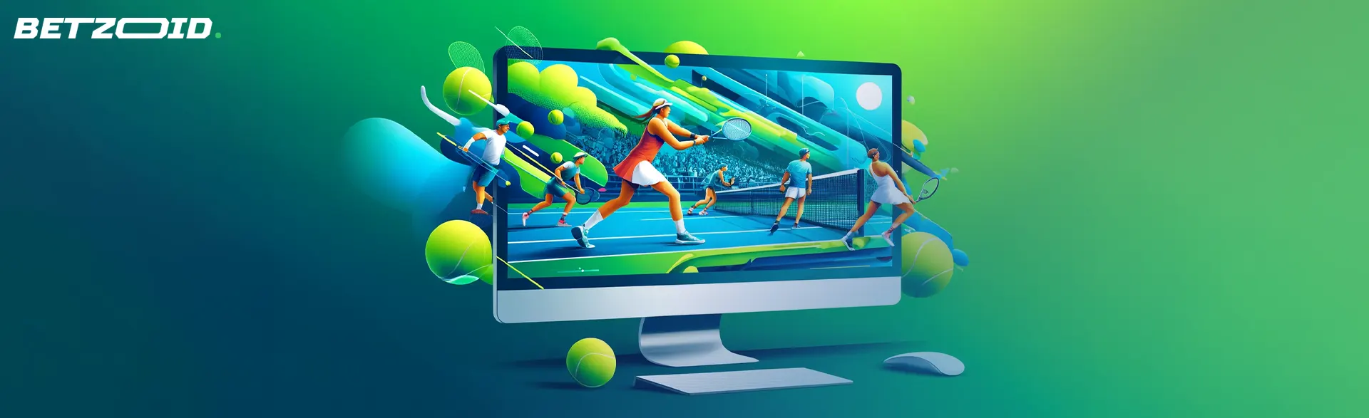 Illustration of tennis players on a computer screen, symbolizing no ID sports betting.