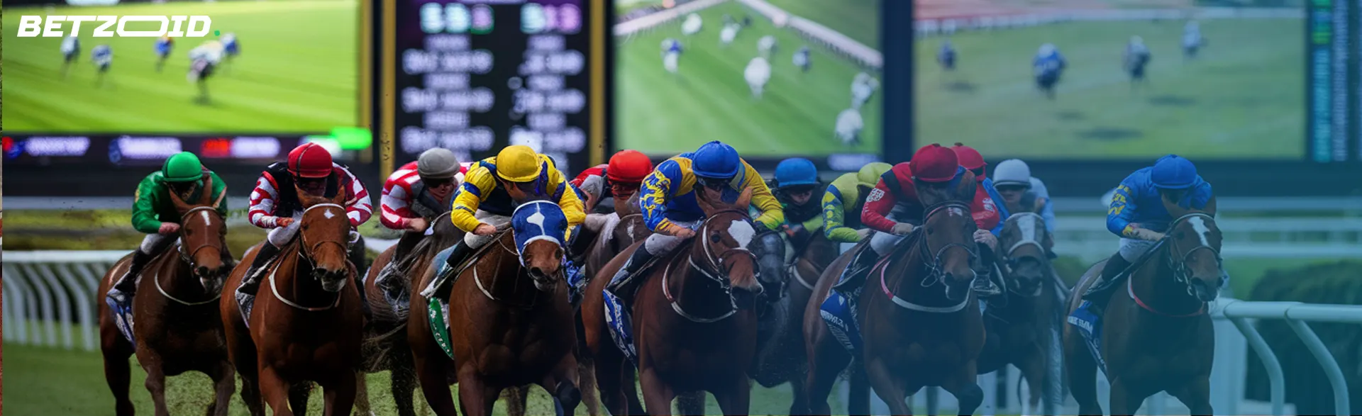 Jockeys racing on horses with large screens in the background, illustrating the betting opportunities provided by offshore sportsbooks.