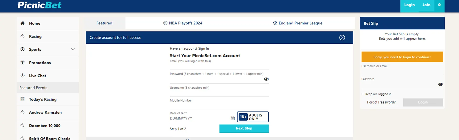 Page for PicnicBet sign up, showing account creation form.