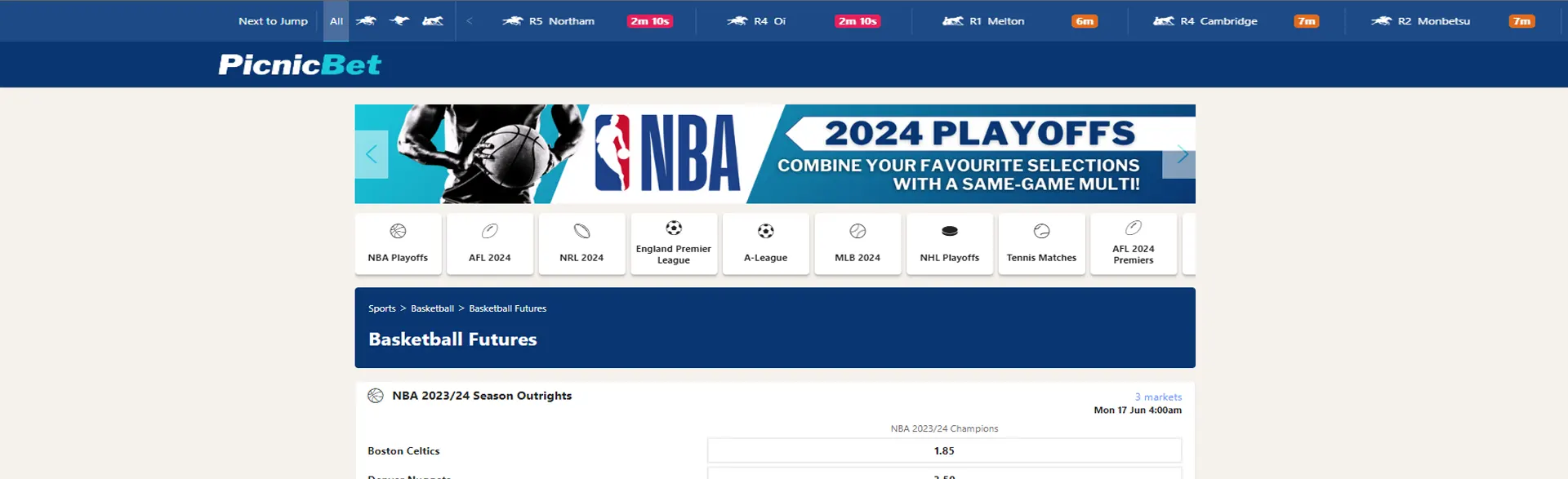 Homepage displaying racing and sports betting options PicnicBet