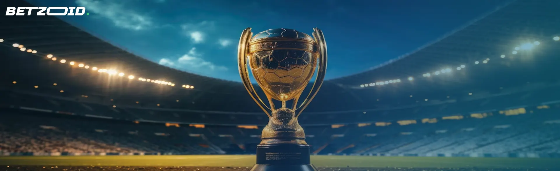 A golden trophy shining under stadium lights, highlighting the best soccer bookmakers for bet to leagues.