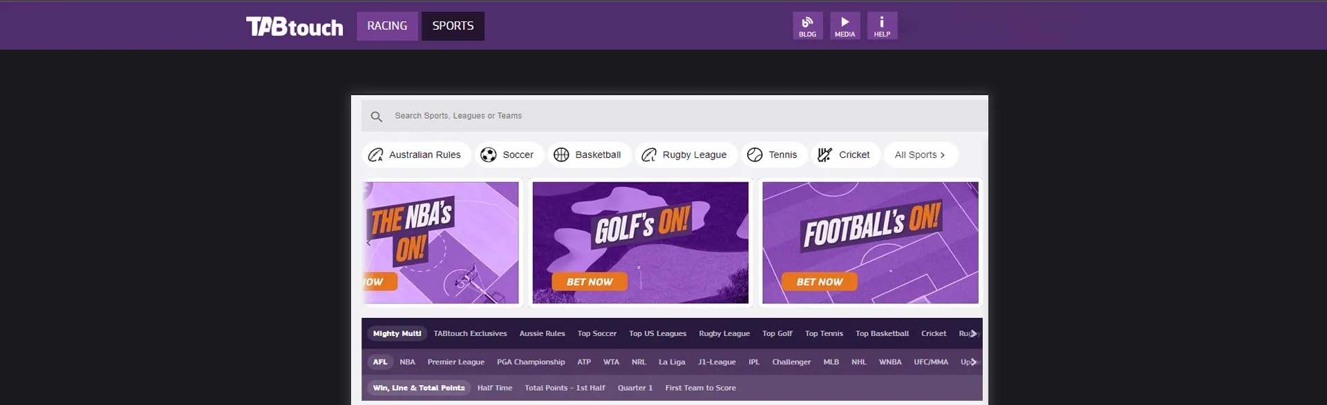 TABtouch desktop page displaying sports betting options.
