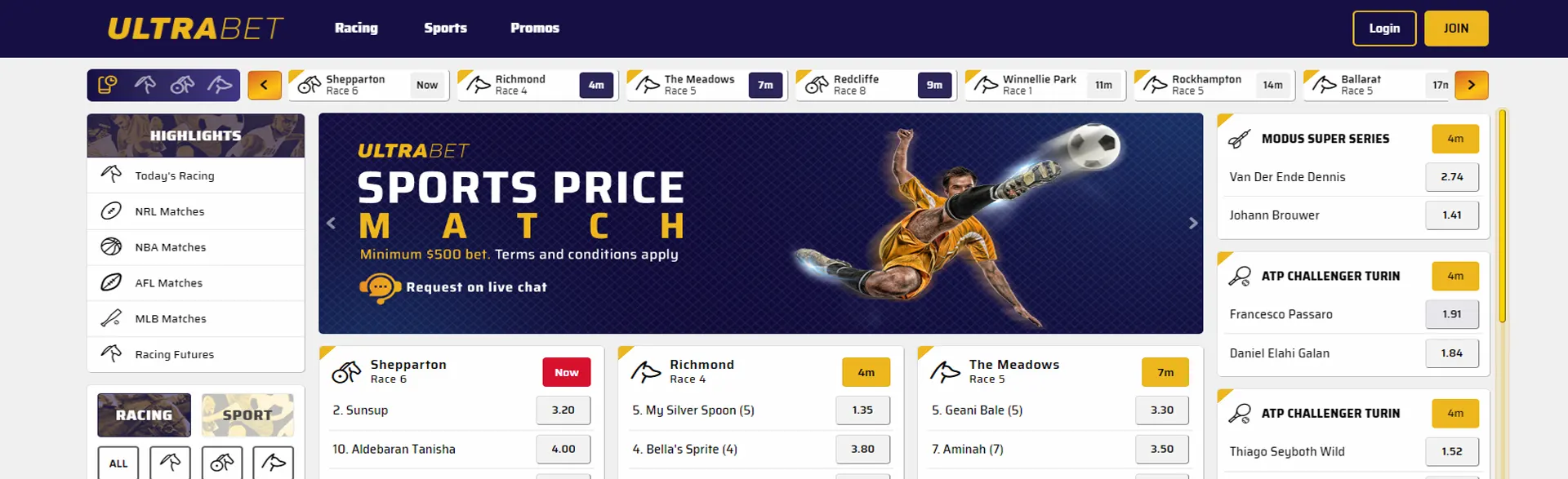 Ultrabet Australia page featuring sports price match and betting highlights odds.