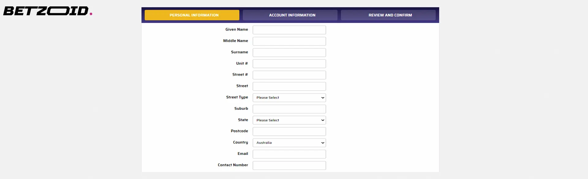 The Ultrabet login page for registering personal and account information.