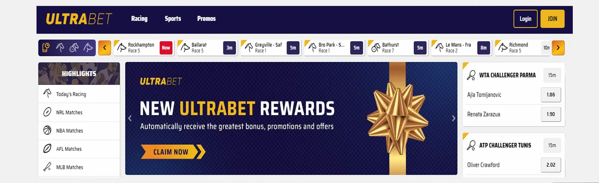 Ultrabet rewards page featuring bonuses, promotions, and upcoming racing events.