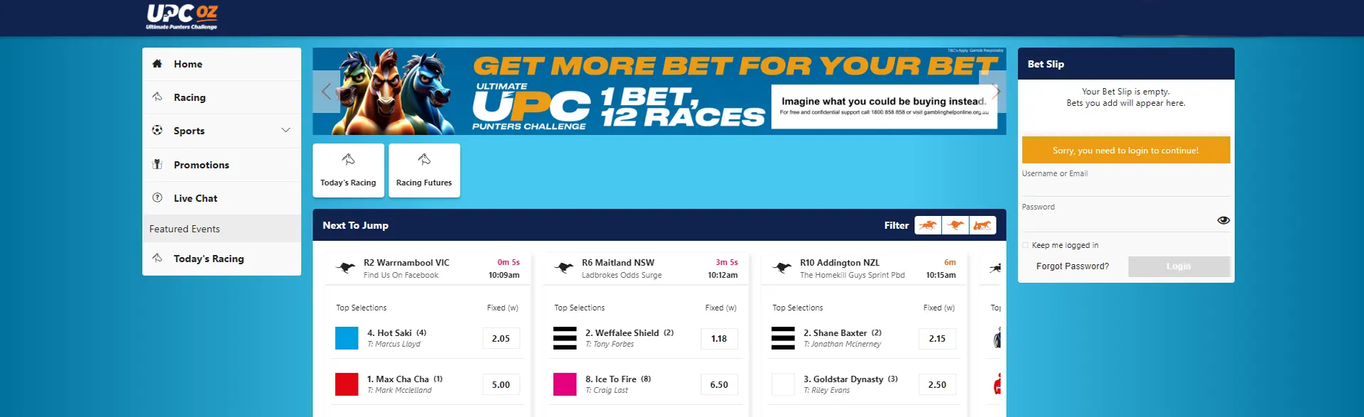 Homepage displaying racing and sports betting options UPCoz.