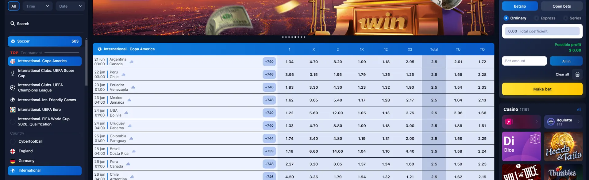 The best bonuses for different sports on the betting site 1win.