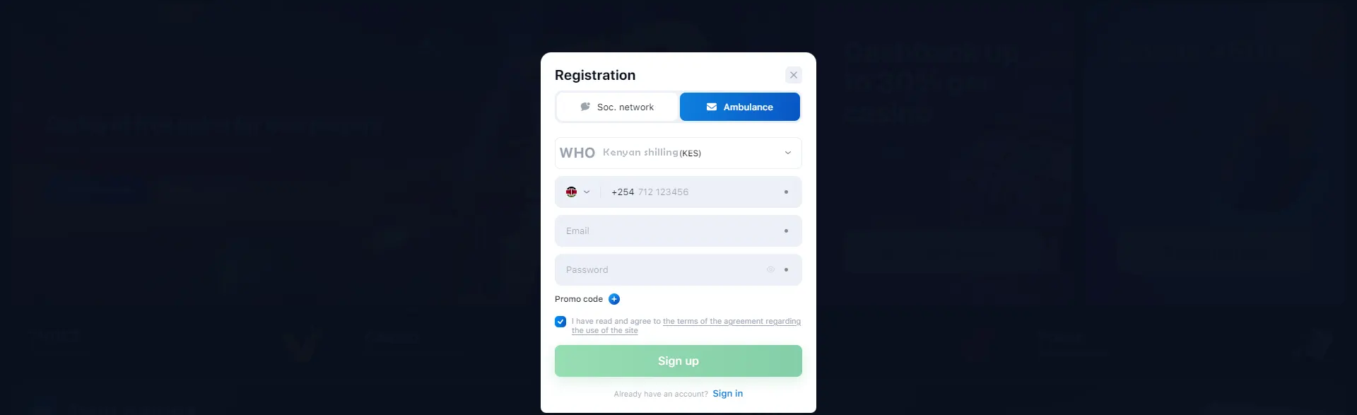Registration field for new players on the 1win betting site.