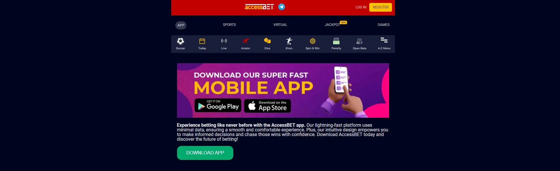 Page with app for Android and iOS mobile devices on AccessBET.