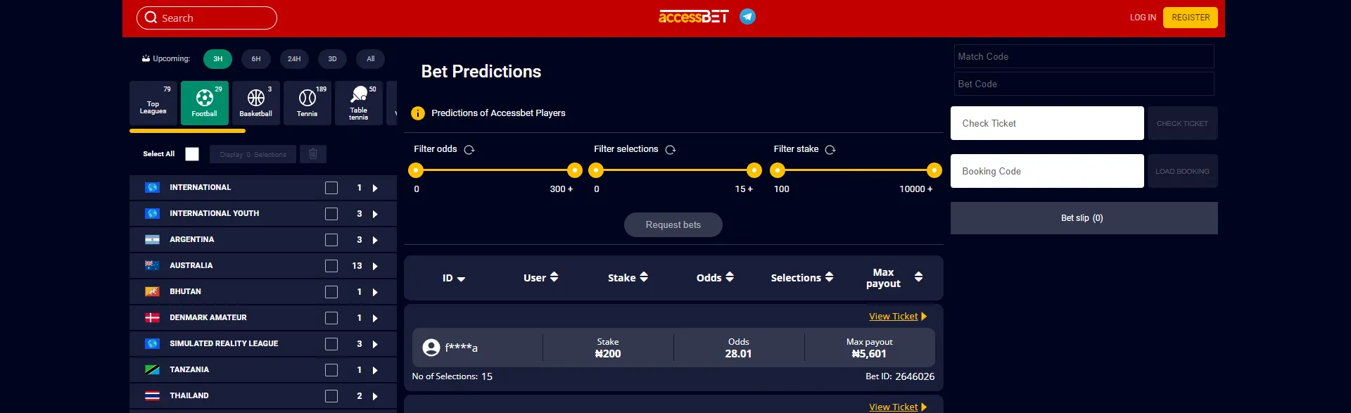 Page with bet predictions of accessbet players on AccessBET.