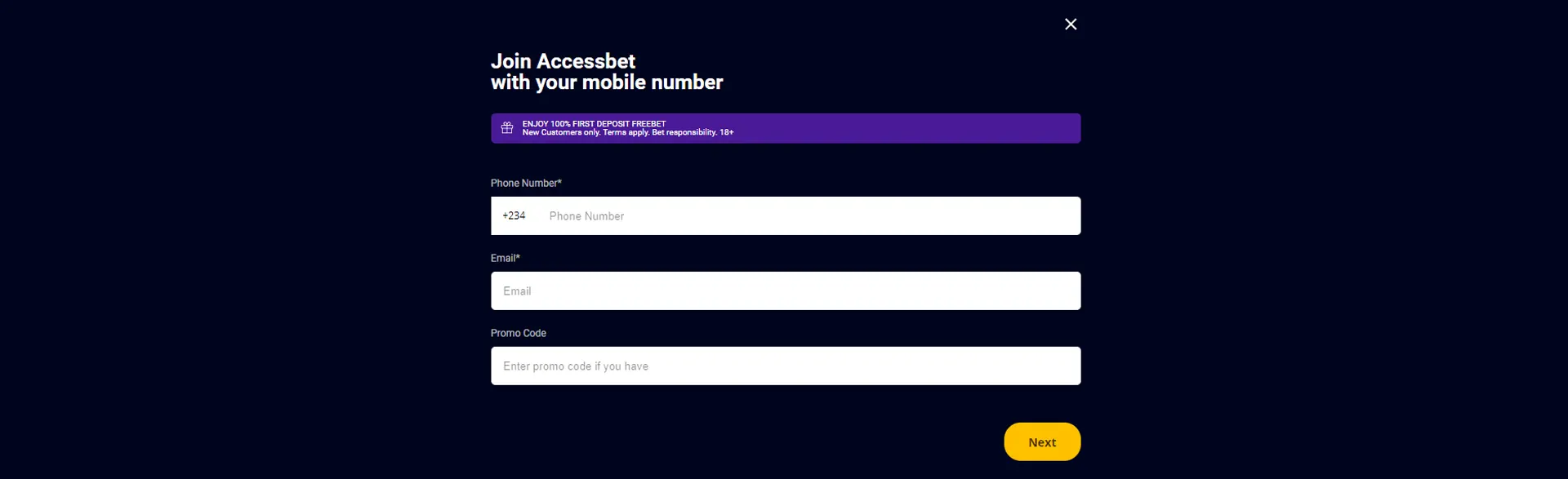Page with registration form on AccessBET.