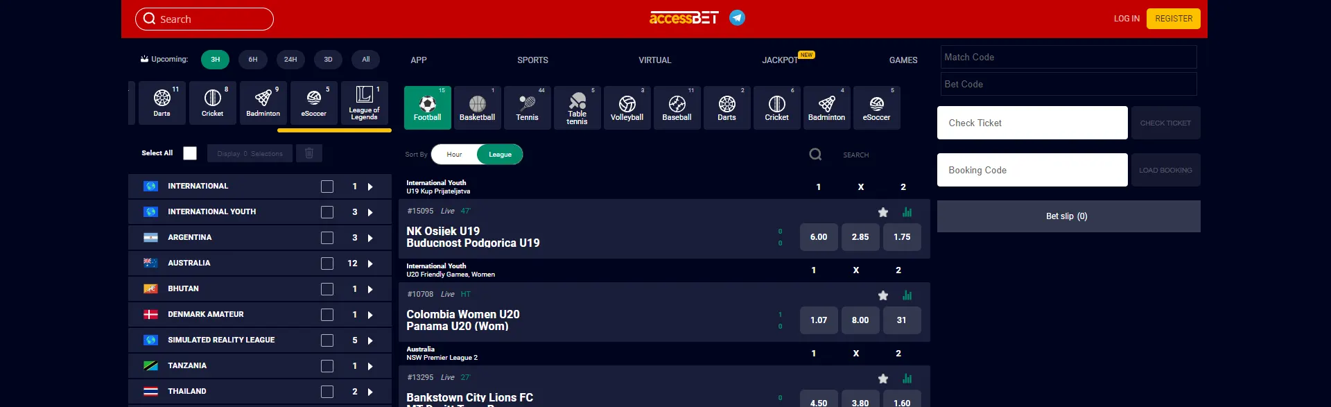 Page with sport bets on football, basketball, tennis and others on AccessBET.
