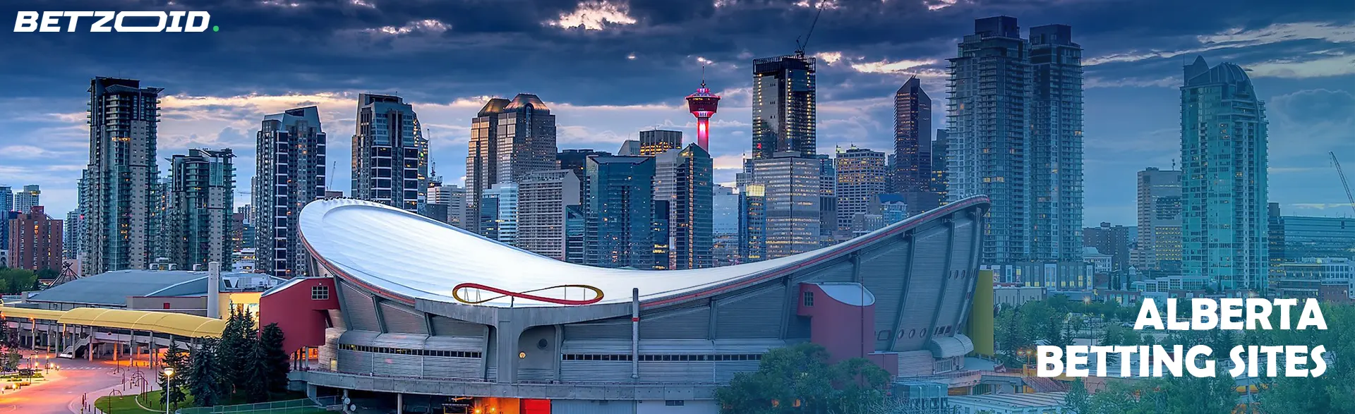 Skyline of Calgary with the iconic Saddledome, representing the variety of Alberta sportsbooks.