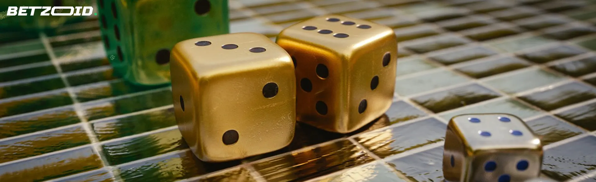 Golden dice on a tiled surface reflecting light, symbolizing chance and luck in gaming.