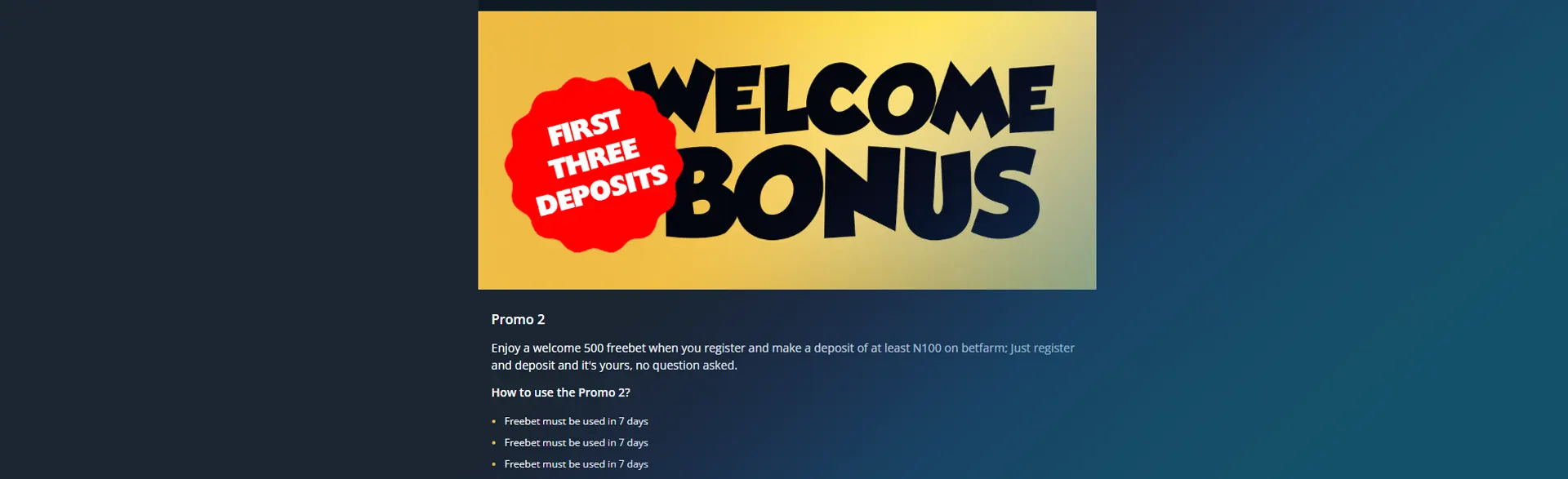 Page with welcome bonus for nigerian on Betfarm.