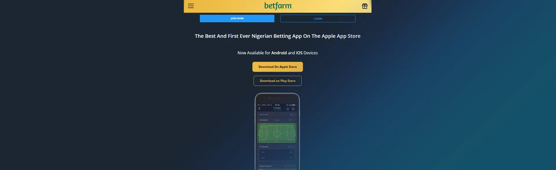 Page with Android and iOS apps for mobile on Betfarm.