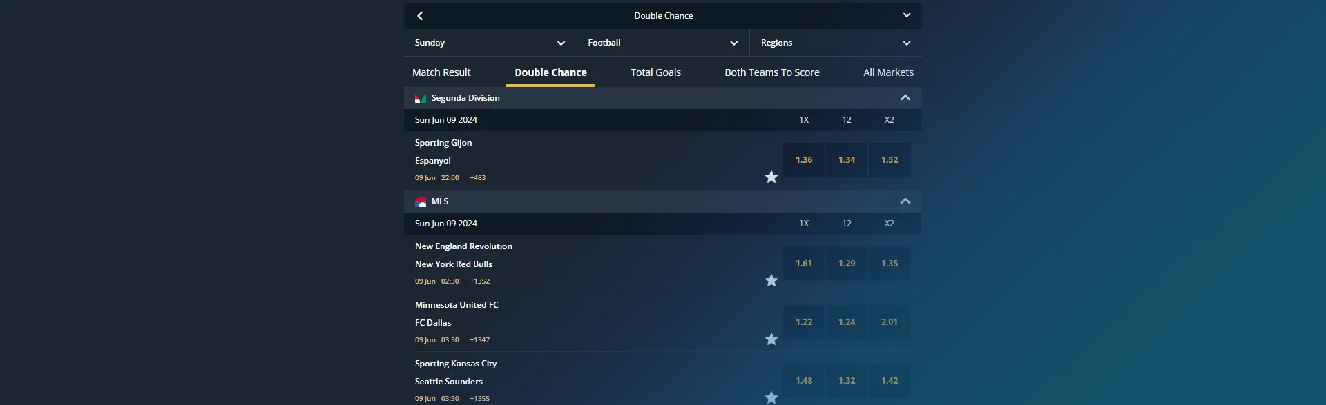 Page with football match results, double chance, total goals on Betfarm.