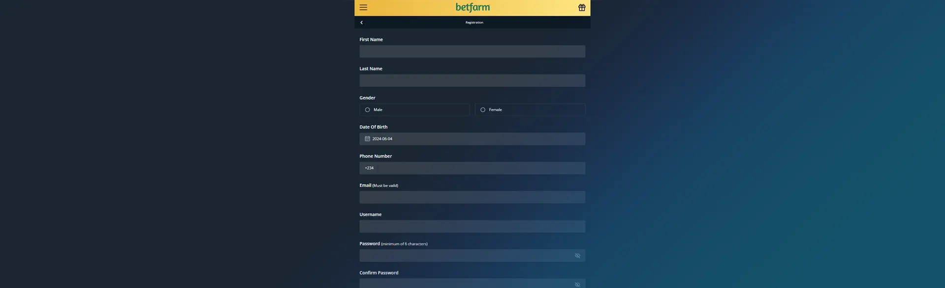 Page with registration form on Betfarm.