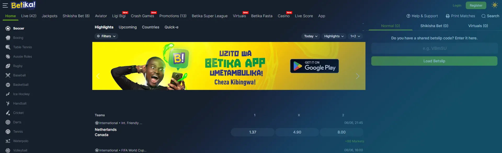 Overview of the notification about the possibility of downloading mobile app from Betika.
