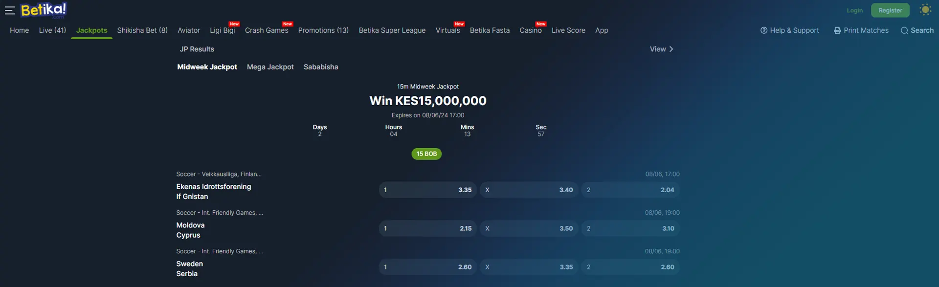 Jackpots overview on the Betika betting site.
