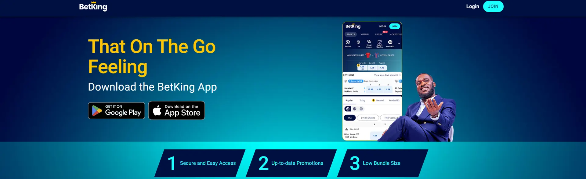 Page with mobile app for Android and iOS on BetKing.