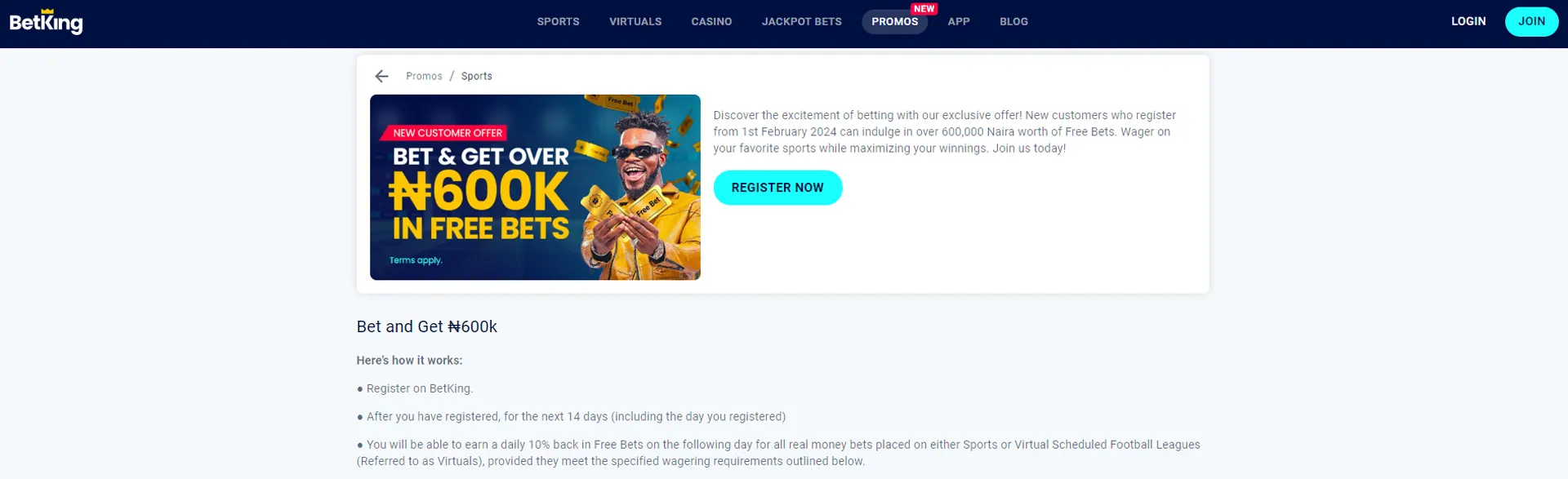 Page with welcome bonus for new customers on BetKing.
