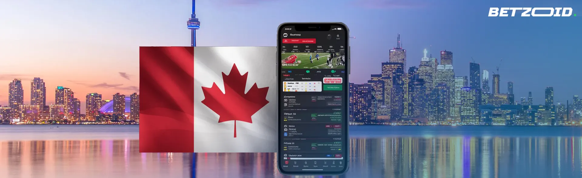 Betting apps in Ontario with a view of Ontario skyline and Canadian flag.