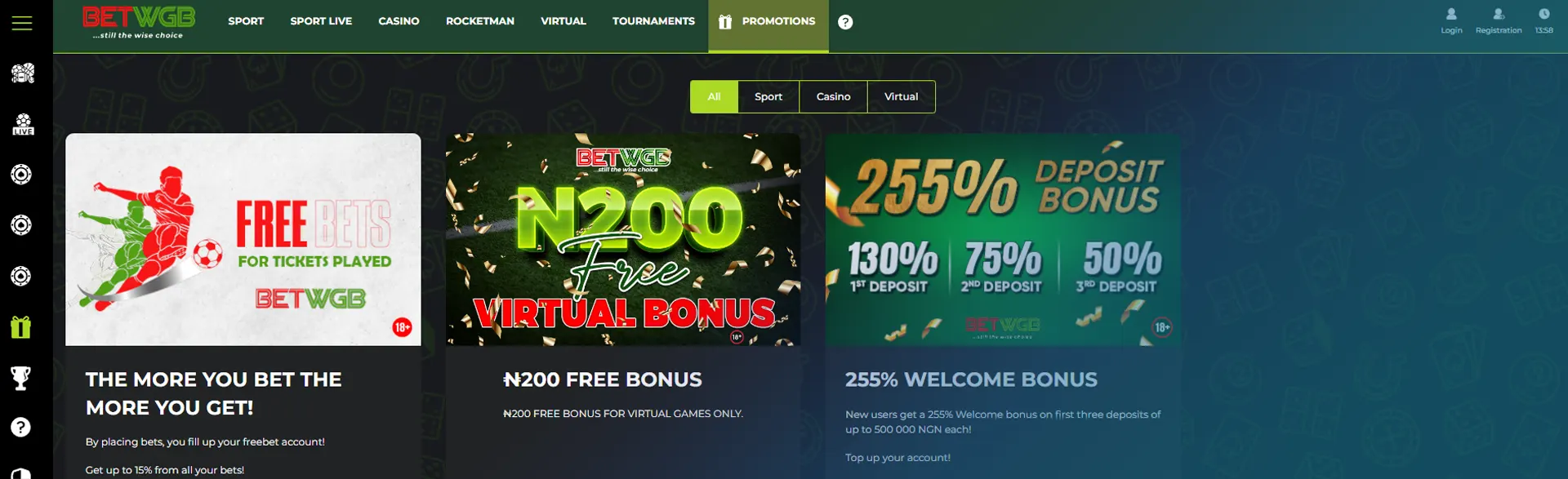 Page with betting promotions on WGB.